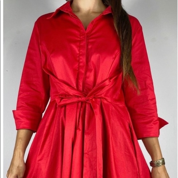 CAROLINE MORGAN Dresses & Skirts - ✨HOST PICK ✨ CAROLINE MORGAN | Red 3/4 Sleeve Tie Front Midi Shirt Dress